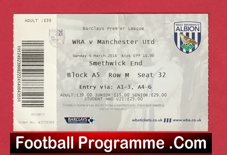 West Bromwich Albion v Manchester United 2016 - WBA Ticket - Image 2