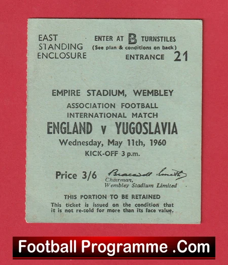 England v Yugoslavia 1960 - Match Ticket - Image 2