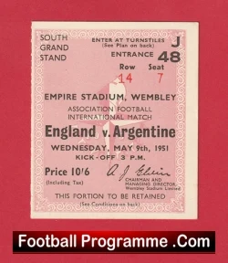 England v Argentina 1951 - Football Ticket 1950s