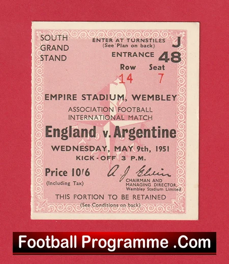 England v Argentina 1951 - Football Ticket 1950s - Image 2