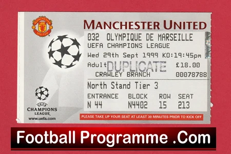 Manchester United v Olympique Marseille 1999 - Match Ticket - Image 2