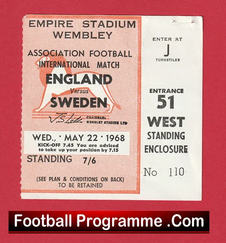 England v Sweden 1968 - Match Ticket - Image 2