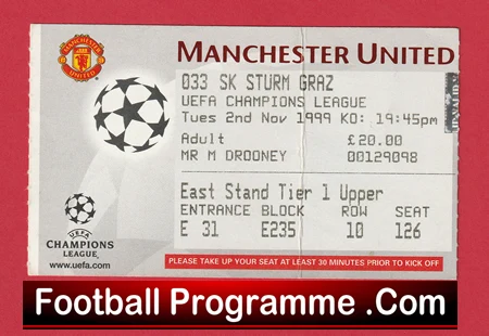 Manchester United v Sturm Graz 1999 - Football Ticket - Image 2
