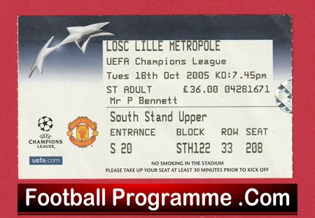 Manchester United v Lille OSC 2005 - Football Ticket - Image 2
