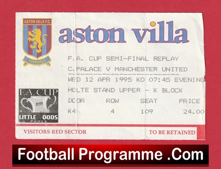 Manchester United v Crystal Palace 1995 - FA Cup Semi Final Replay Ticket - Image 2