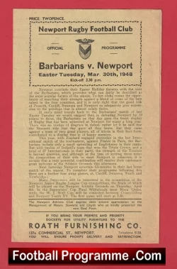 Newport Rugby v Barbarians 1948 - Old Rugby Programme