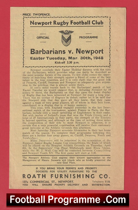 Newport Rugby v Barbarians 1948 - Old Rugby Programme - Image 2