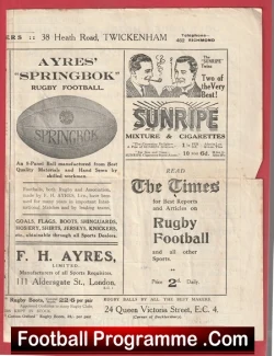 Collage from a vintage rugby program showing ads for Ayres' 'Springbok' Rugby Football, Sunripe cigarettes, and The Times rugby reports, with a red border.