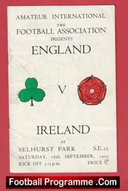 Vintage football programme cover for England vs Ireland at Selhurst Park, 18 September 1954, featuring a green shamrock and red rose.