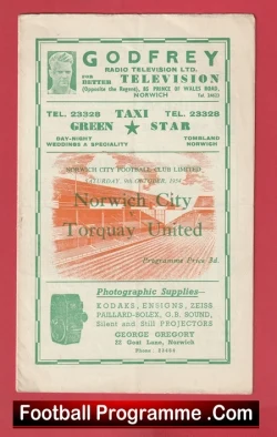 Front page of a vintage football programme for Norwich City vs Torquay United, printed in green on white with ads for Godfrey Radio & Television, and a red Football Programme.com banner at the bottom.