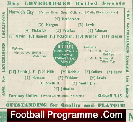 Vintage football programme page showing team lineups arranged around a central circular ad for Dippies Engagement Rings, with green banners and small print across the sides and bottom.