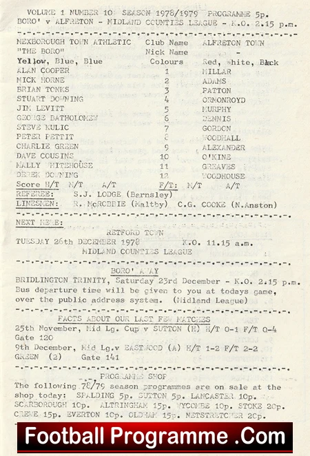 Scanned football programme page with player names, numbers, and match details for a Midland Counties League game (1978).