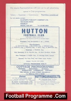 Hutton Football Club program cover with match details and sponsor logos; red footer reads Football Programme.Com.