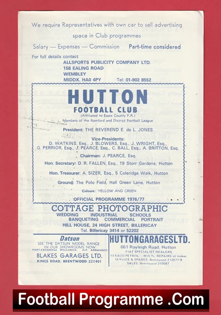 Blue-tinted Hutton Football Club programme cover laid on a red background, listing club officers and 'Cottage Photographic' with a prominent 'Football Programme .Com' banner at the bottom.
