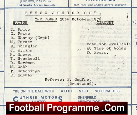 Essex Junior Cup, 2nd round on 30 Oct 1976; Hutton lineup with players listed and referee P. Godfrey (Brentwood).