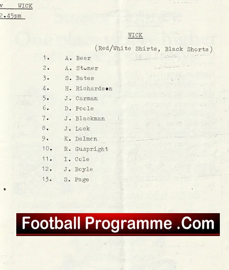 Roster page for WICK football team listing players (A. Beer, A. Stuner, S. Bates, H. Richardson, J. Carman, D. Poole, J. Blackman, J. Lock, K. Dalmen, R. Gunnpright, I. Cole, J. Boyle, S. Page) with red/white shirts and black shorts; watermark 'Football Programme.com' across bottom.