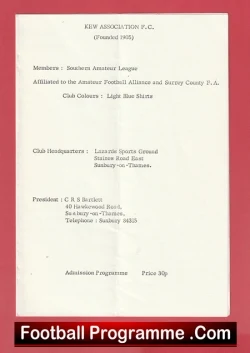 Front cover of a vintage football programme for Kew Association F.C., founded 1905, with league membership, affiliations, club colours (light and white stripes), and pricing details, laid on a red background.