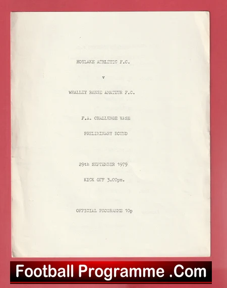 Program cover for a 1979 FA Challenge Vase preliminary round football match: Hoylake Athletic F.C. vs Wealthy Range Amateur F.C., kickoff 3:00 pm, priced 10p; red background with a bottom banner reading 'Football Programme .Com'.
