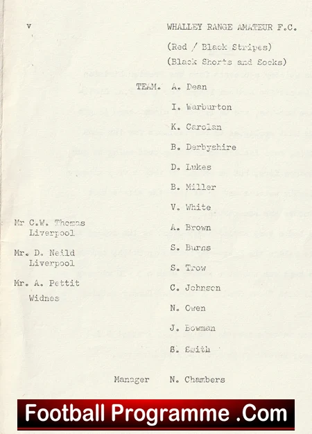 Rost of Whalley Range Amateur F.C. with players listed in columns and 'Manager No. Chambers' at bottom; vintage programme page with 'Football Programme .Com' watermark