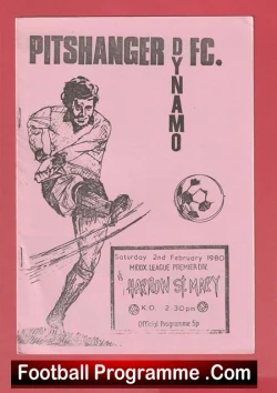 Illustrated Pitshanger FC Dynamo football programme cover showing a player kicking a ball with a match details panel and a bottom 'Football Programme .Com' banner.
