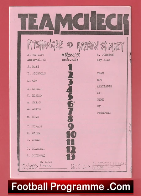 Poster-style football programme page titled TEAMCHECK with a numbered player lineup list on a pink background.