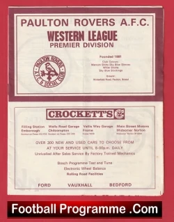 Front cover of a vintage Paulton Rovers A.F.C. football programme for the Western League Premier Division, with Crockett's ad and a Football Programme.Com banner.