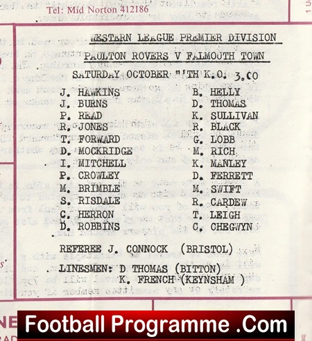 Black-and-white newspaper clipping of a Western League Premier Division football match programme for Paulton Rovers vs Falmouth Town, showing player lineups and officials.