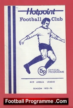 Hotpoint Football Club official programme cover with a blue illustration of a footballer about to kick, price 5p, Season 1975–76, Mid Anglia League