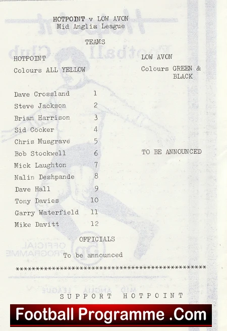 Vintage football programme page for HOTPOINT vs LOW AVON (Mid Anglia League). Left column lists HOTPOINT players with numbers 1–12; right column shows LOW AVON players in green and black; officials marked To be announced.