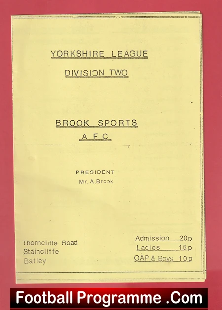 Football programme cover for Yorkshire League Division Two, Brook Sports AFC, President Mr. A. Brook, with ticket prices shown at bottom.