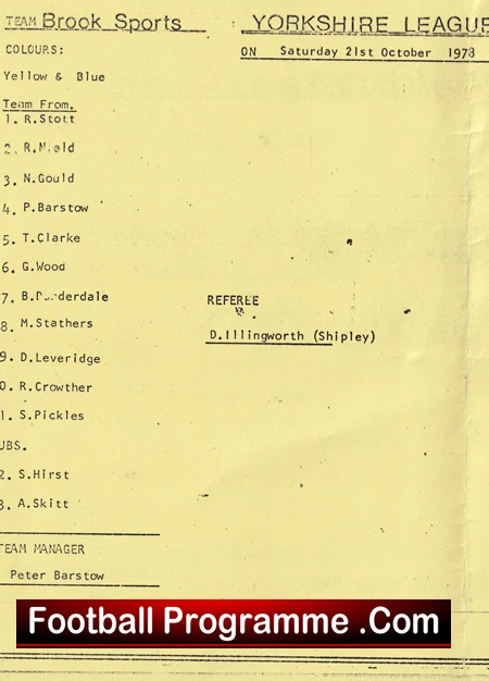 Yellowed 1973 football programme page with Brook Sports team list and Yorkshire League header, dated October 21, 1973, plus a 'Football Programme.com' banner.