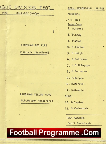 Old football programme page for League Division Two with kick-off at 3:00pm (1973), listing line flags by E. Morris and M. D. Watson, Bradford.