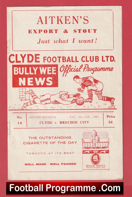 Old football programme cover advertising Aitken's Export & Stout and a Clyde vs. Brechin City match (1962) with a 'Bull Wee News' graphic and player illustrations.