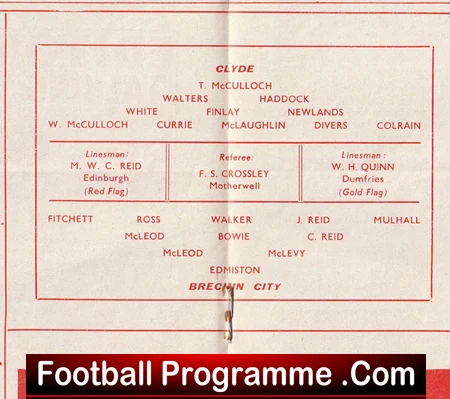 Vintage football programme page showing Clyde vs Brechin City lineups in a red diagram with player names and match officials.
