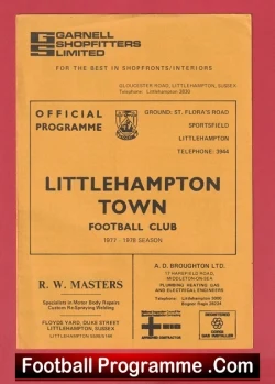 Orange official programme cover for Littlehampton Town FC, 1977–78 season, featuring sponsor logos and club details.