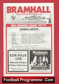 Front cover of a Bramhall football programme (Mid Cheshire League 1977/8) with a red border and bottom advertisement panels.