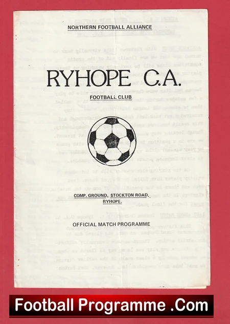 Vintage Ryhope C.A. football programme cover with a soccer ball illustration and 'Official Match Programme' text on a white page against a red background.