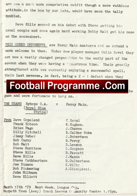 Scanned page from a football programme with typed notes about opponents and lineups; a red banner reads 'Football Programme.Com' across the middle.