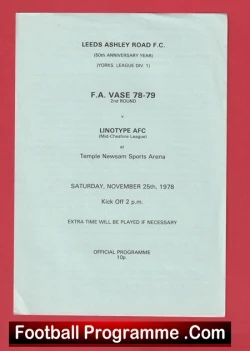 Blue football programme cover on red background with match details: Leeds Ashley Road F.C. 100th anniversary year, FA Vase 78-79, Temple Newsam arena, official programme.