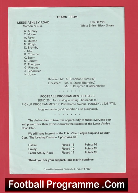 Scan of a vintage football programme page listing teams from Leeds Ashley Road and Linotype, with referees and linesmen names and notes about programmes for sale.