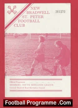Football programme cover for New Bradwell St. Neots Football Club; shows two players on a field with a crimson tint and a 'Football Programme.com' footer.