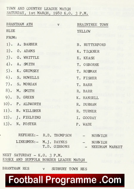 Photocopy of a 1980 football match programme showing Brantham Ath vs Brainree Town lineups (13 players each), with referee and linesmen listed.