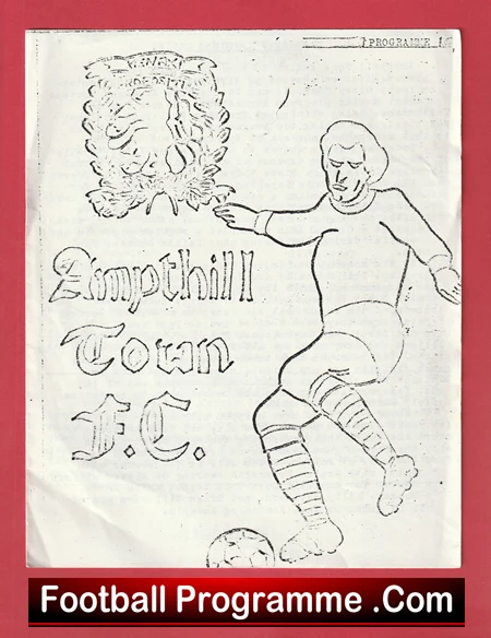 Line drawing of a footballer kicking a ball on a programme cover for Esmptonhill Town F.C. with a crest at top left.