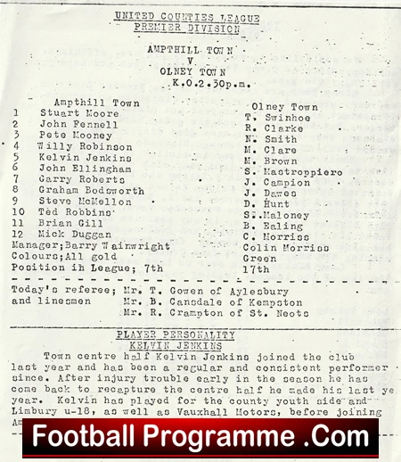 Old black-and-white football programme page listing United Counties League Premier Division teams (Ampthill Town vs Olney Town), players, managers, and officials, with a bottom banner.