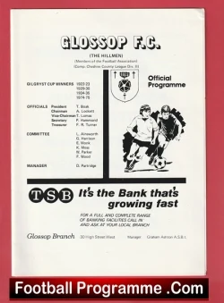 Cover of a Glossop F.C. football programme featuring the club crest, a drawing of players, and an Official Programme label. A TSB Bank banner (“It's the Bank that's growing fast”) is also on the cover.