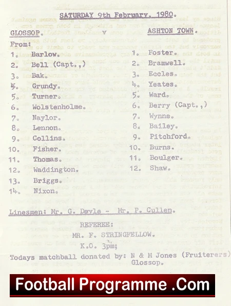 Match programme page from Saturday 9 February 1980 showing Glossop and Ashton Town lineups and match officials.