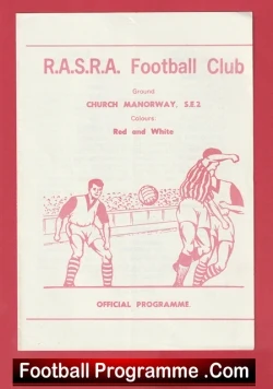 Vintage R.A.S.R.A. Football Club official programme cover with a red line drawing of players on a pitch and ground details, colors red and white.