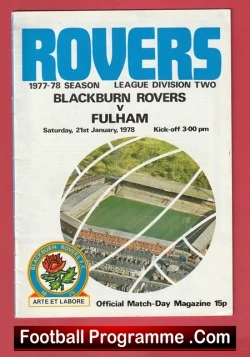Football programme cover for Blackburn Rovers vs Fulham, 21 January 1978; official match-day magazine with stadium photo and club badge.