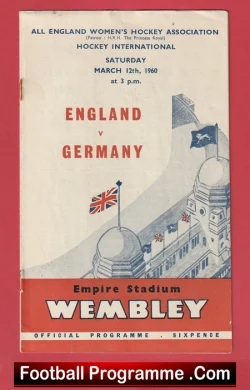 Vintage England vs Germany football programme cover (1960) for Empire Stadium, Wembley, featuring Union Jack flag, stadium illustration, and text about the match and date.