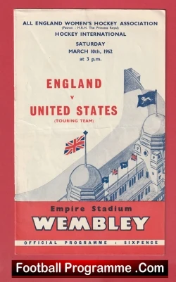 Front cover of a 1962 Wembley football programme for England vs United States, featuring Wembley towers, a Union Jack flag, and official programme branding.